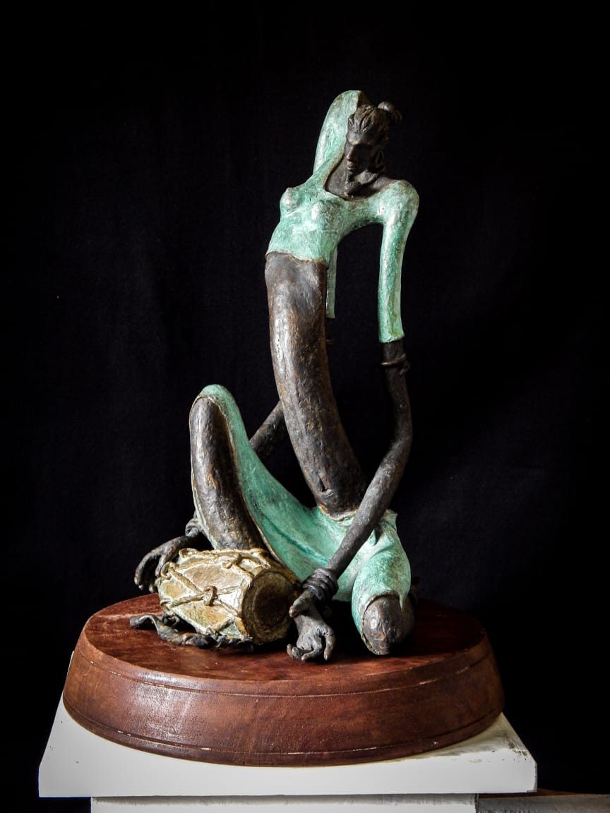 Figurative Sculpture with Bronze"Musician-2" art by Prabir Roy