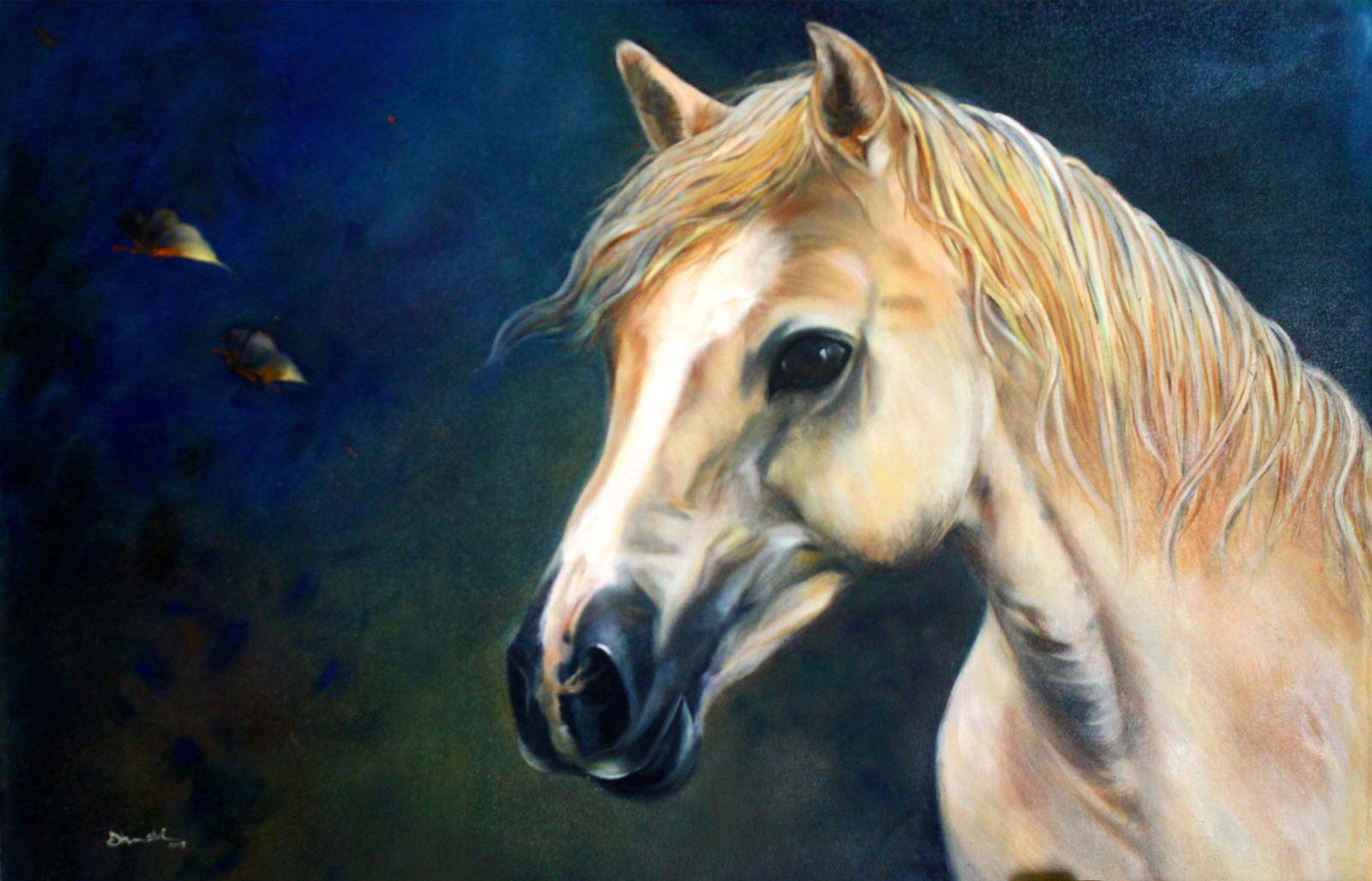 Figurative Painting with Oil on Canvas "Chat with Butterflies" art by Dhanashri Kale